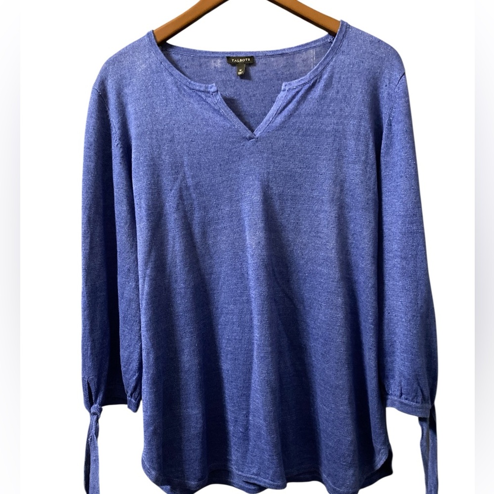 Talbots Blue Women's Tie Sleeve Pullover Sweater 100% Linen Medium
